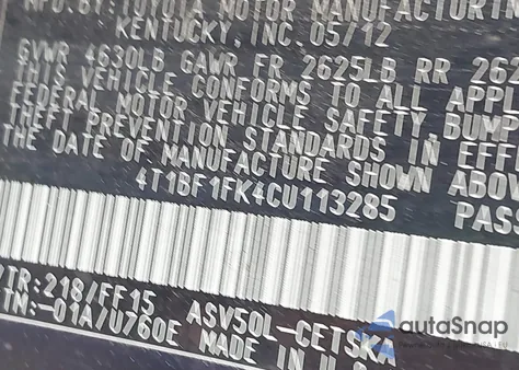 2012 Toyota Camry Se z USA, uszkodzony, nr VIN 4T1BF1FK4CU113285